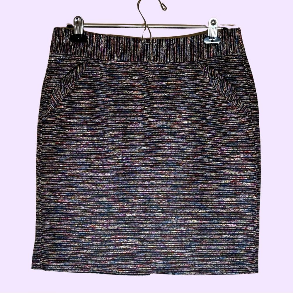 Loft multi colored mini pencil skirt size 6. Black with rainbow striped mini